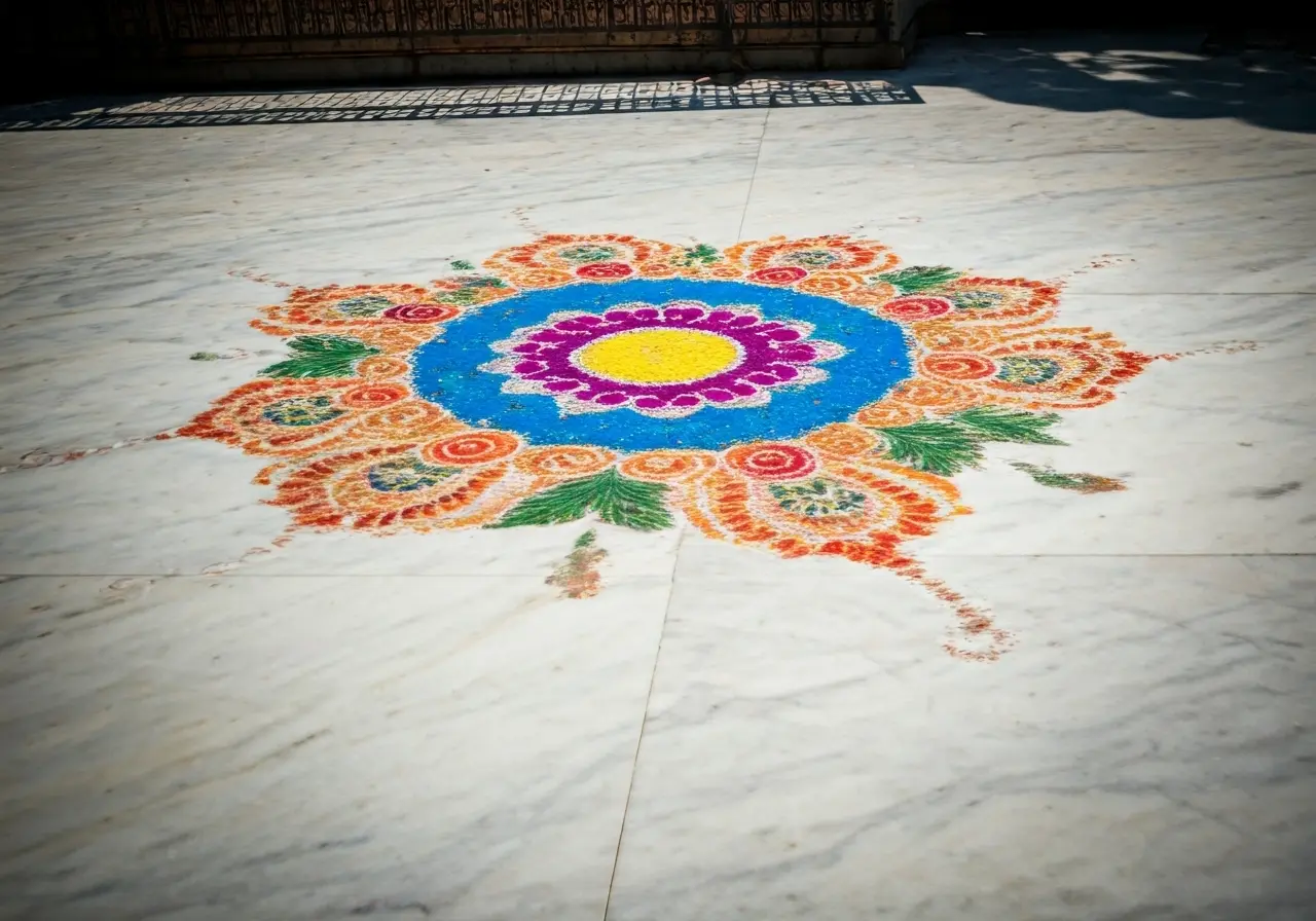 Colorful rangoli on a smooth white marble floor surface. 35mm stock photo