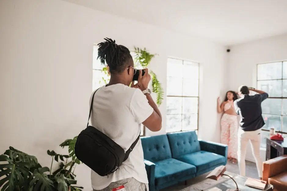 Photographer capturing a stylish woman in a bright, modern Tampa studio setting.