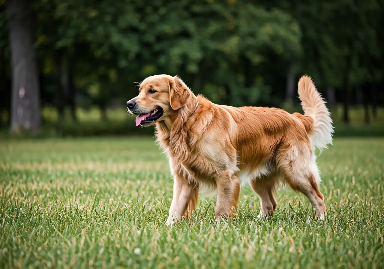 A golden retriever practicing obedience commands outside in a park. 35mm stock photo