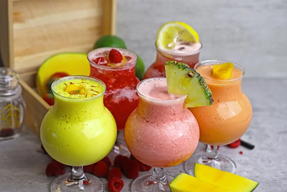 Vibrant smoothies in glasses with fresh fruit garnishes, promoting a healthy lifestyle.