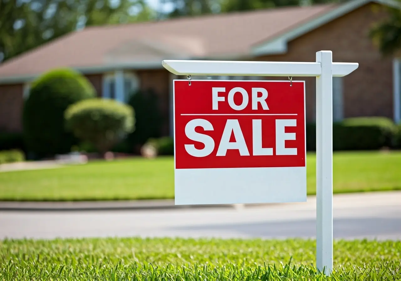 A For Sale sign in front of a suburban house. 35mm stock photo