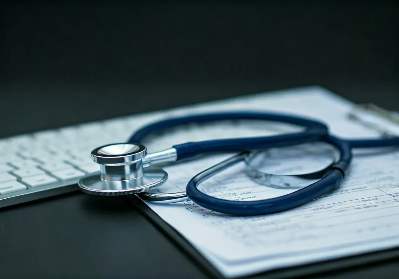 A stethoscope resting on a keyboard with medical charts. 35mm stock photo