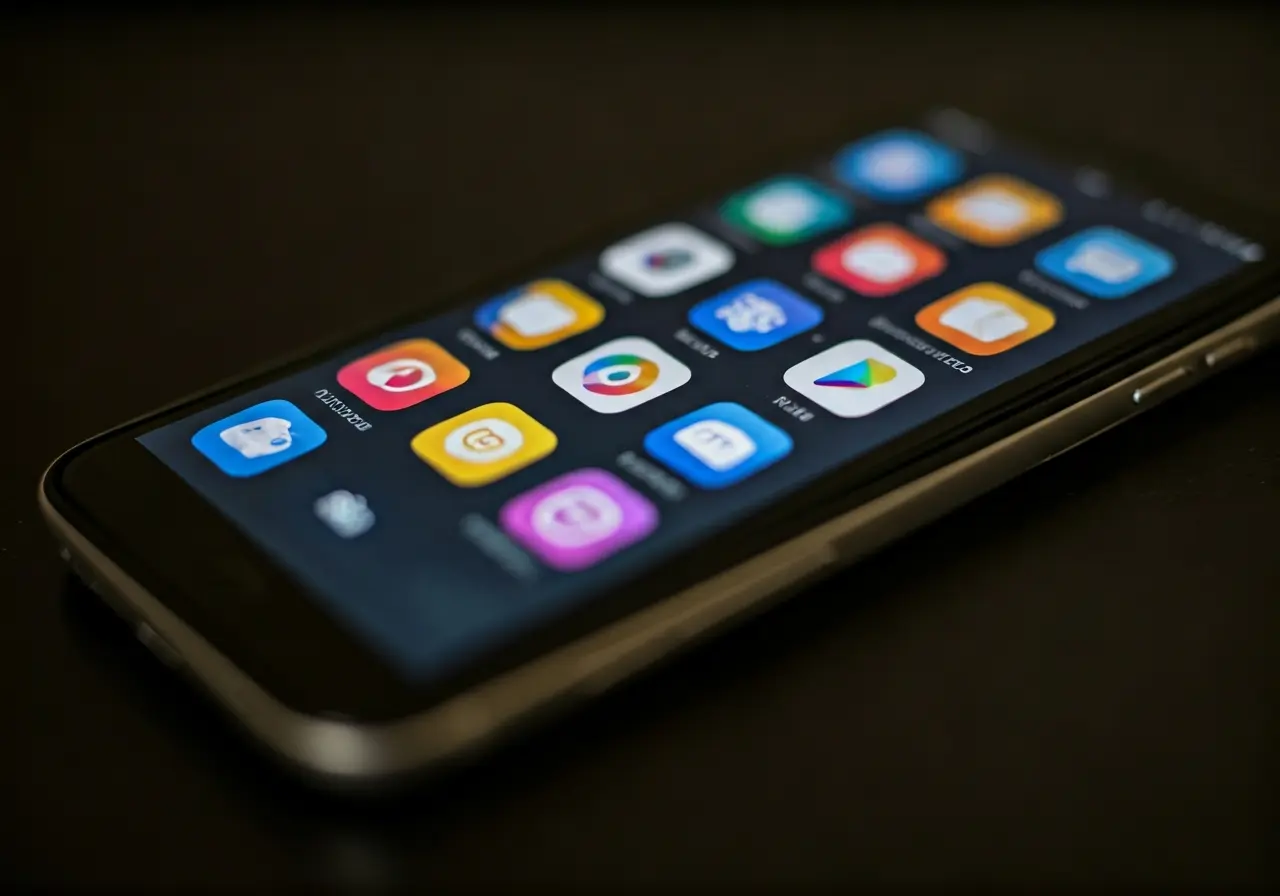 A smartphone displaying a variety of app icons in focus. 35mm stock photo