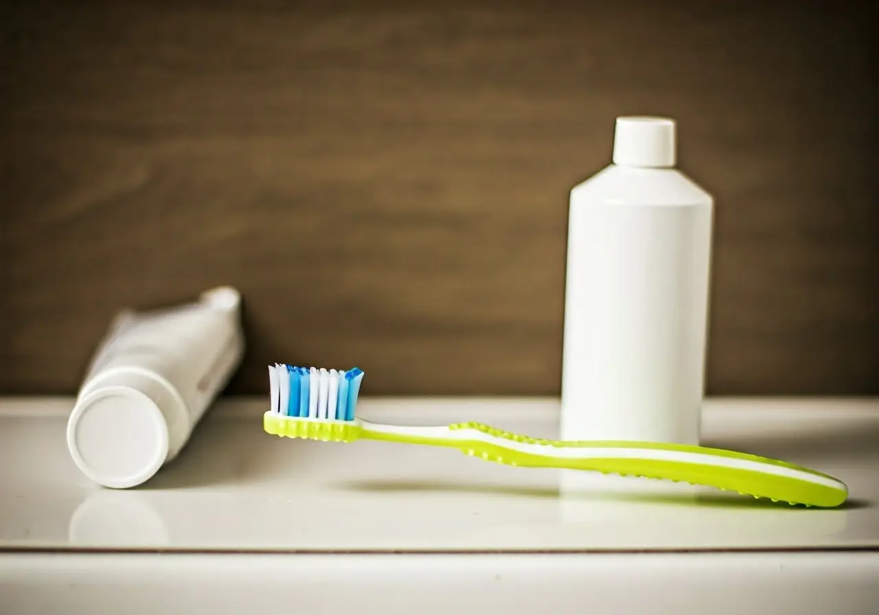A colorful toothbrush and toothpaste tube on a bathroom counter. 35mm stock photo