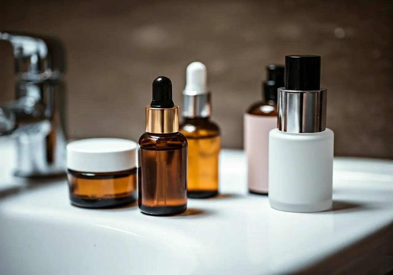 A close-up of skincare products next to a bathroom sink. 35mm stock photo