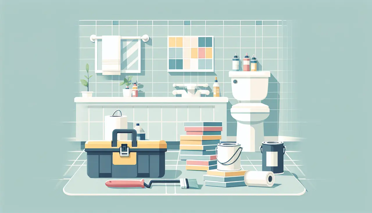 Draw a graphic in flat design style. A minimalist flat design illustration of a well-organized bathroom renovation scene with a toolbox, paint cans, and tiles, set against a simple bathroom backdrop.
