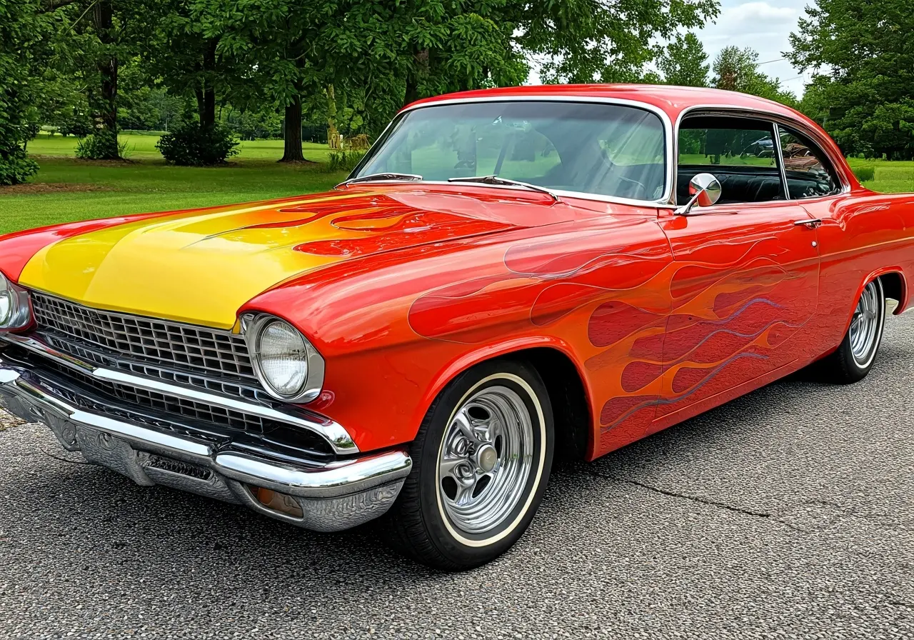 A car with vibrant, custom-painted flames on its sides. 35mm stock photo