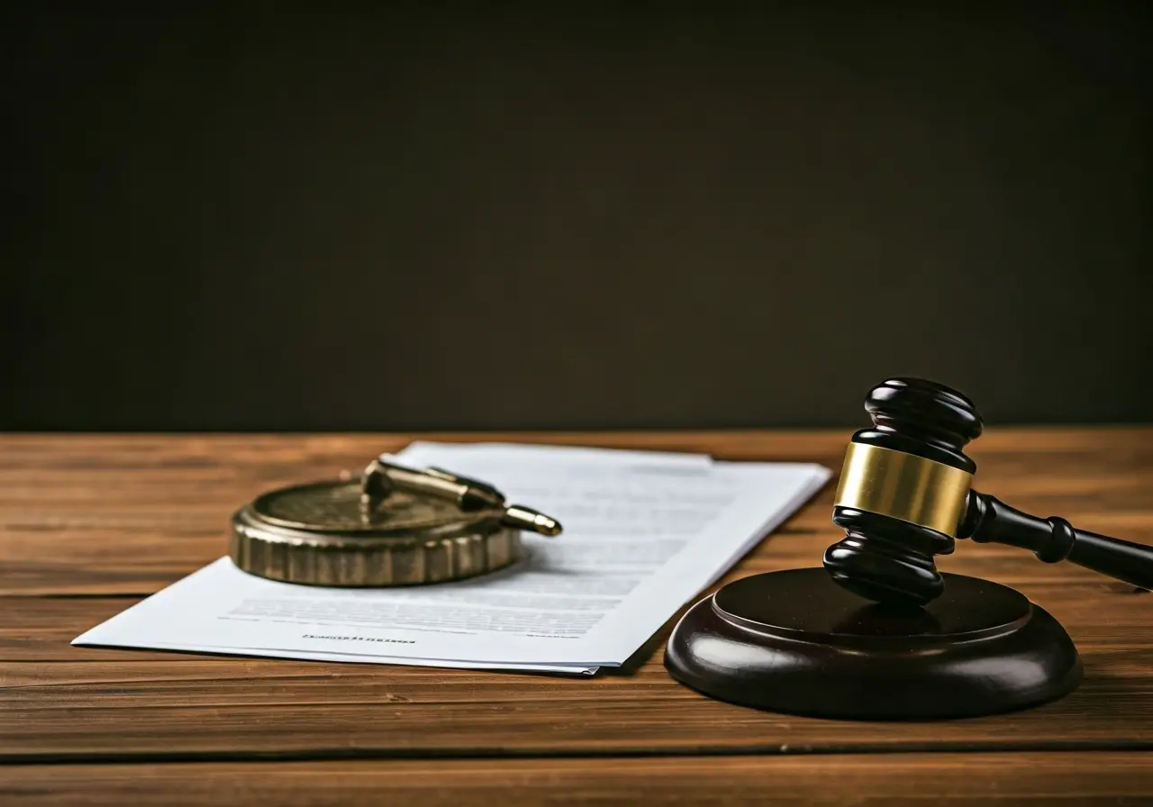 Gavel and legal documents on a wooden desk. 35mm stock photo