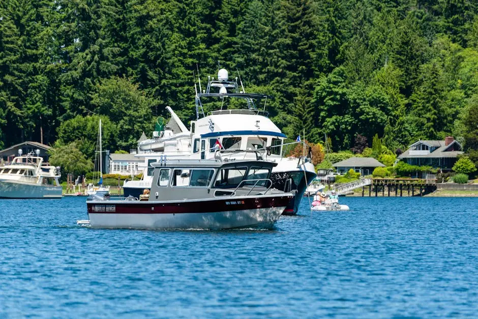 Boats cruising on a serene lake with lush green forest and waterfront homes, perfect summer getaway.
