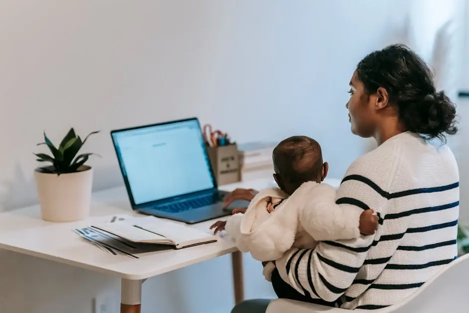 Pensive ethnic woman in casual clothes slitting with baby while browsing netbook in light room in apartment in daytime