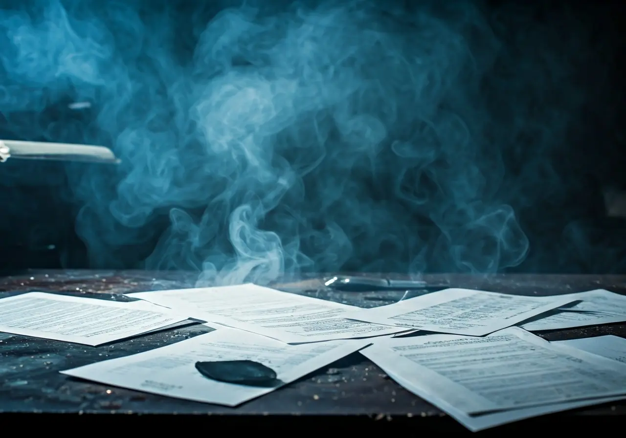 Smoke-filled room with scattered insurance claim documents. 35mm stock photo