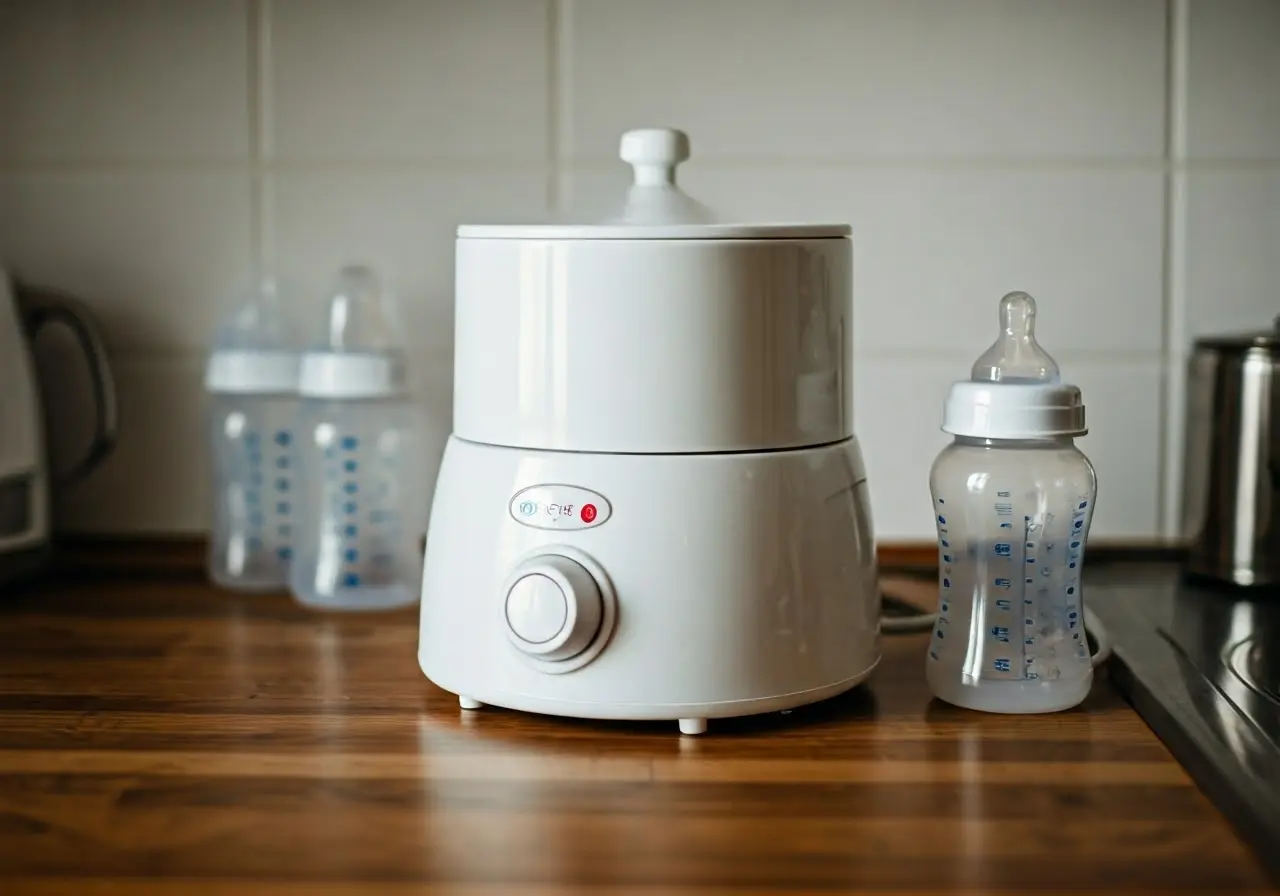 A milk warmer on a kitchen counter beside baby bottles. 35mm stock photo