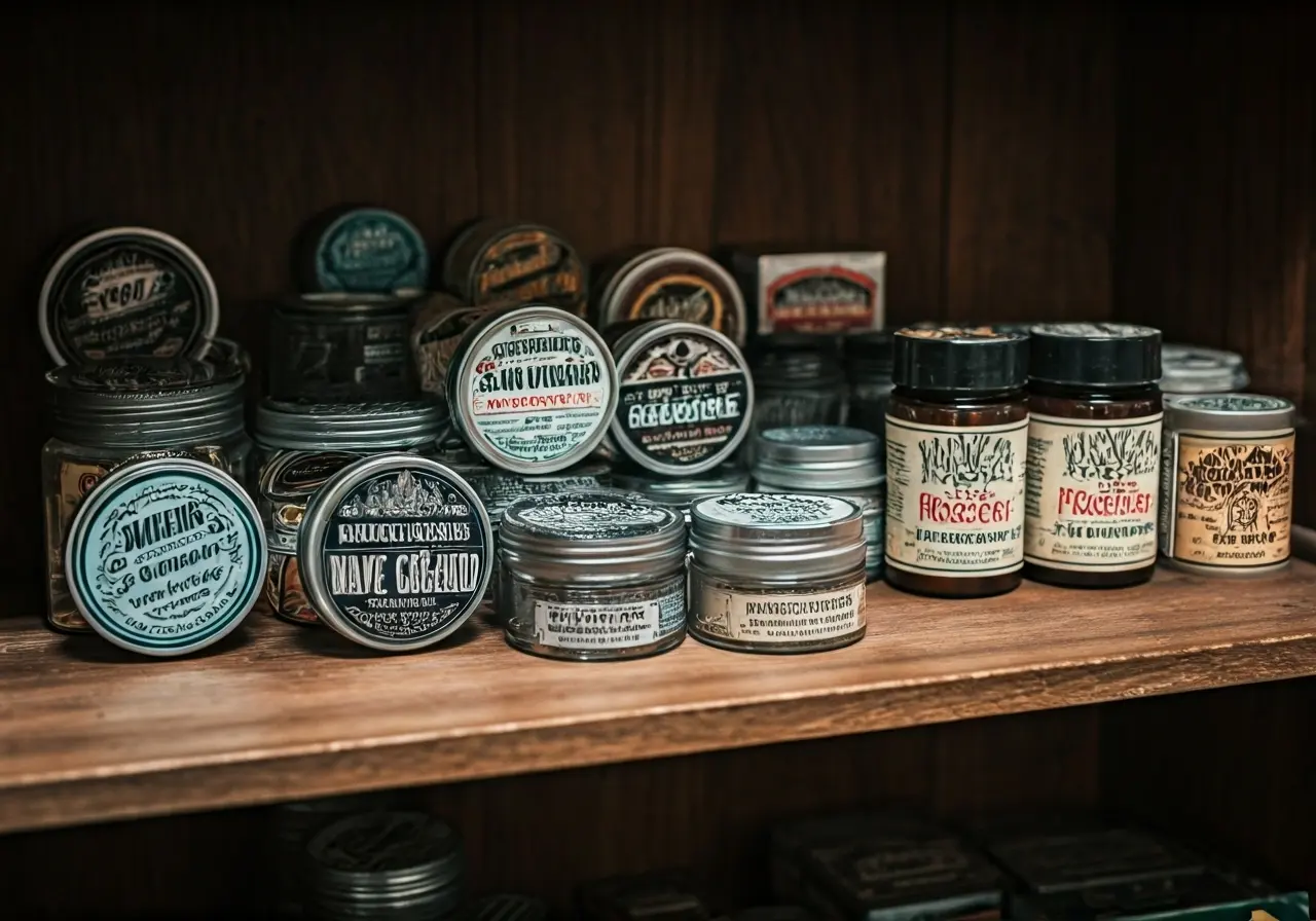 A variety of wave grease pomades displayed on a shelf. 35mm stock photo