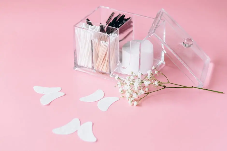 Clear makeup organizer with cotton swabs and brushes on a light pink background, with delicate baby’s breath flowers.