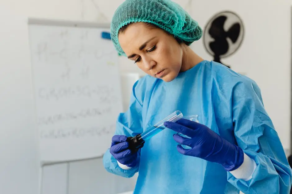 Female lab technician analyzing a test tube sample in a laboratory setting.