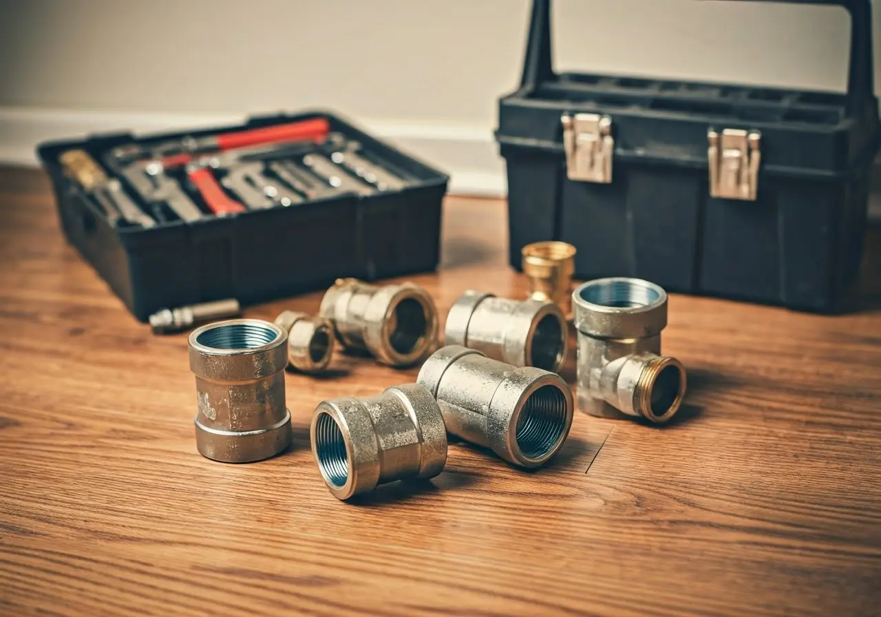 A toolbox and plumbing pipe parts on a wooden floor. 35mm stock photo