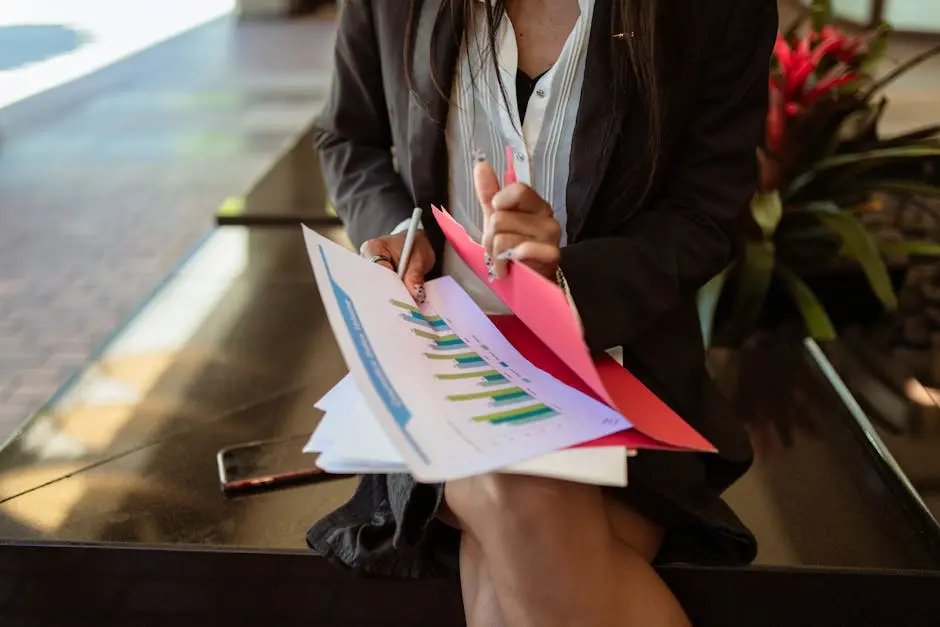 A woman in a blazer sits outside reviewing sales documents, highlighting analysis.