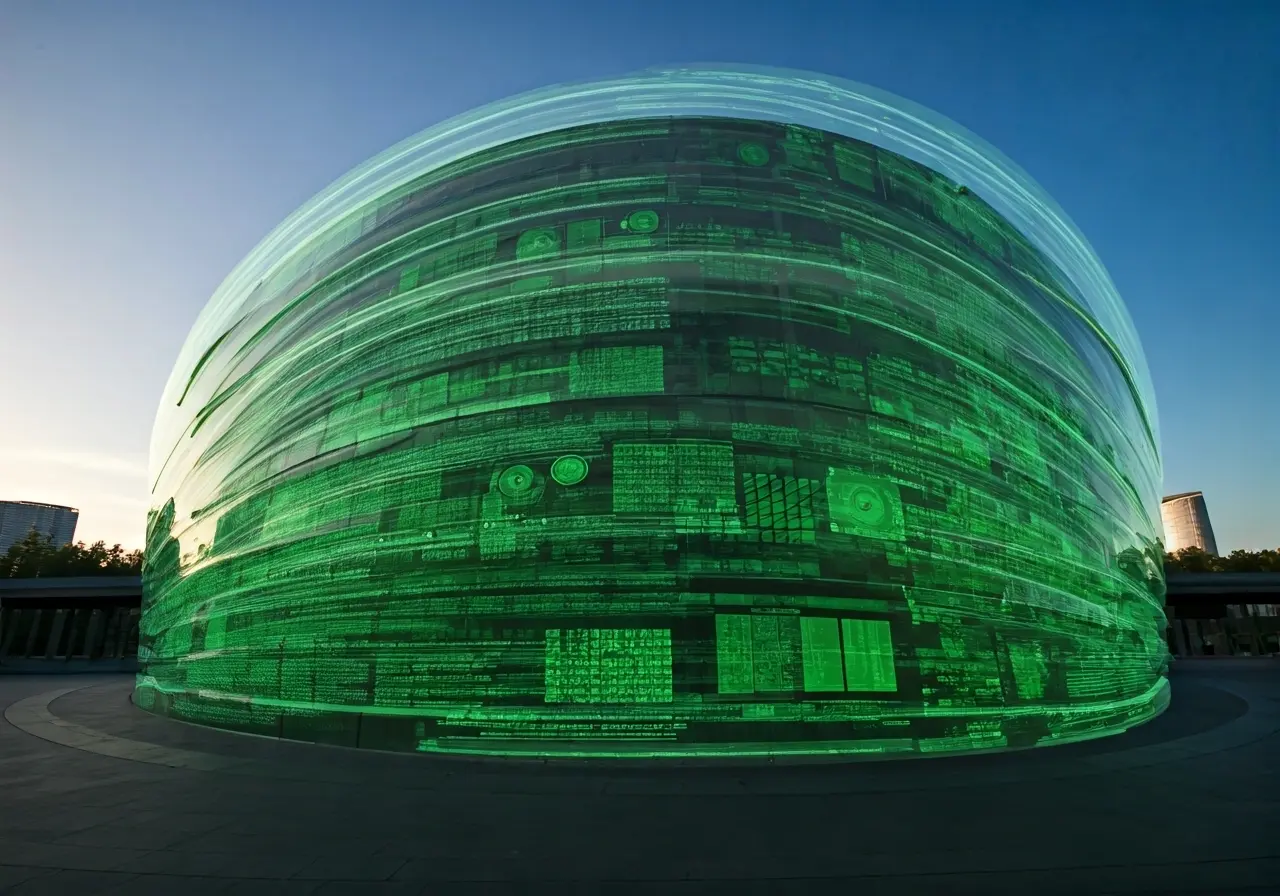 A futuristic building with digital interfaces and green technology. 35mm stock photo