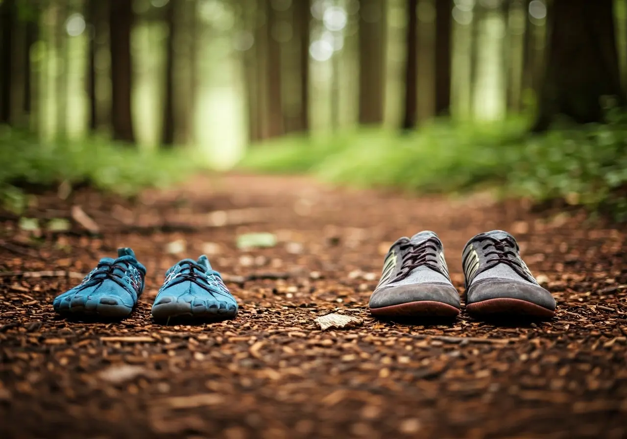 Close-up of diverse barefoot shoes on a forest trail. 35mm stock photo