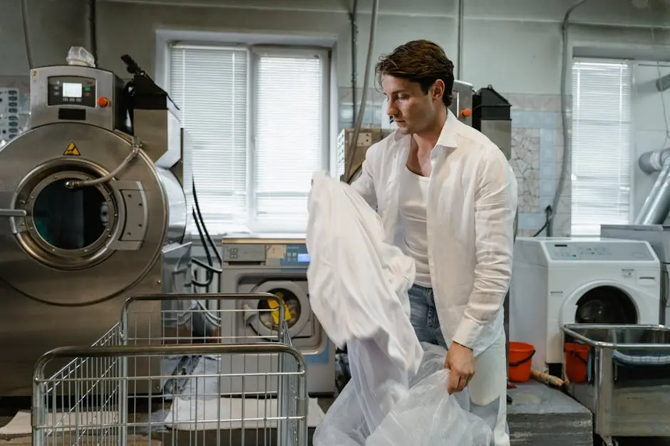 Man organizing laundry in a modern industrial facility with large washing machines.