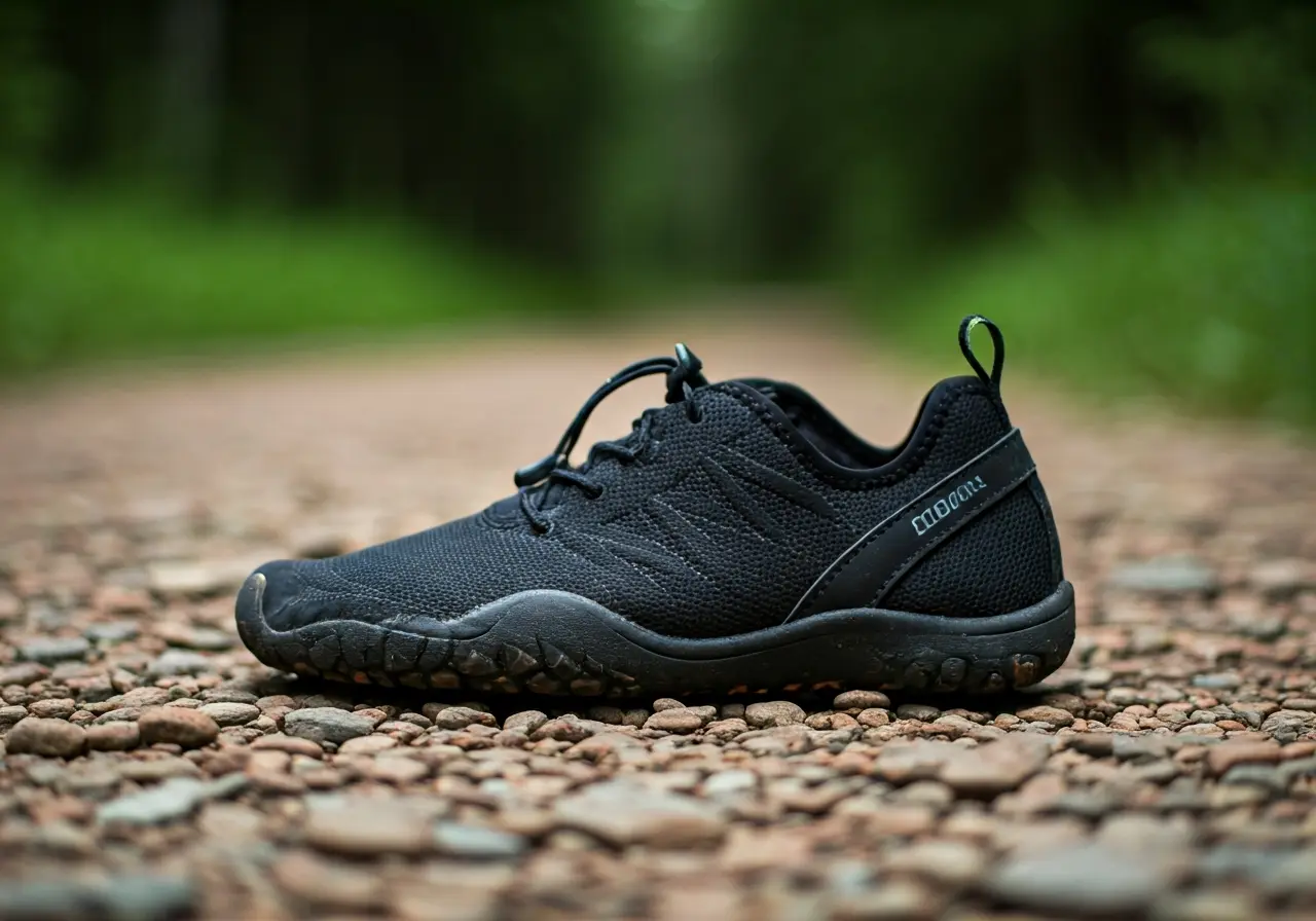 A pair of durable barefoot hiking shoes on a rocky trail. 35mm stock photo