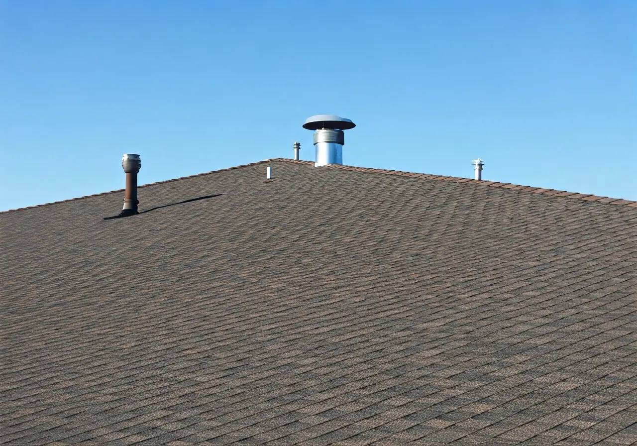 A well-maintained rooftop with high-quality shingles under clear skies. 35mm stock photo