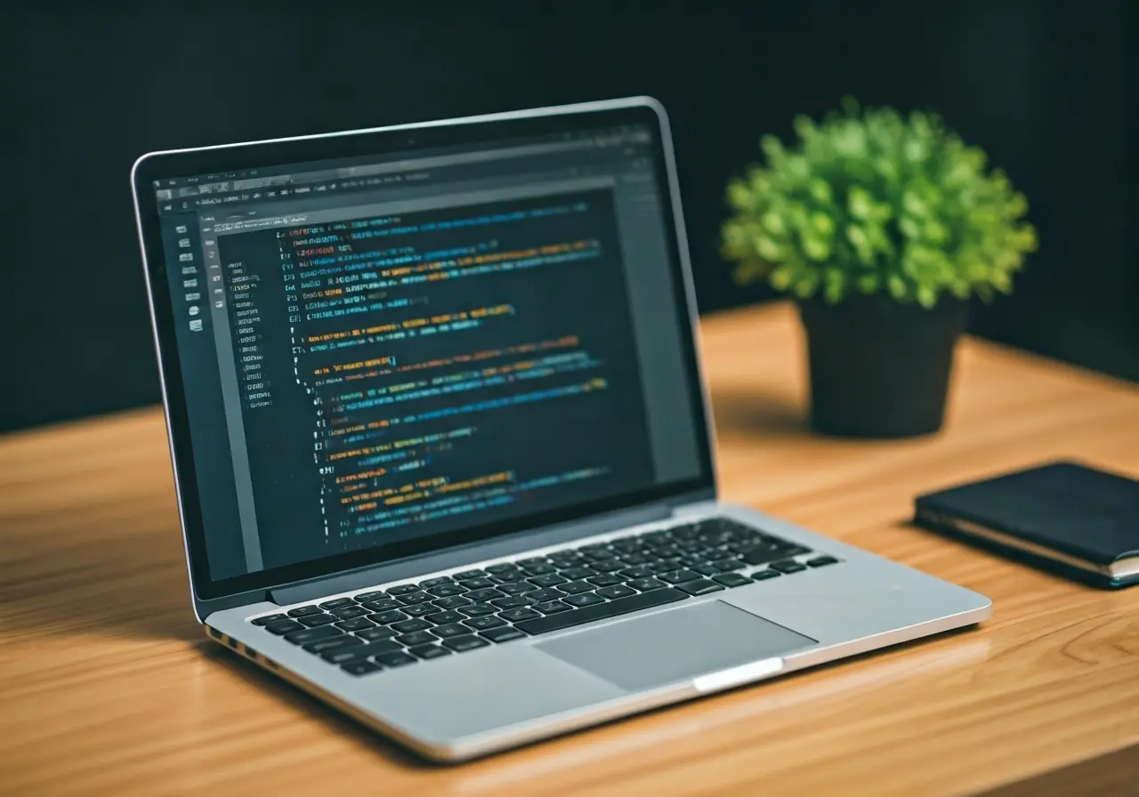 A laptop displaying app development code on a wooden desk. 35mm stock photo
