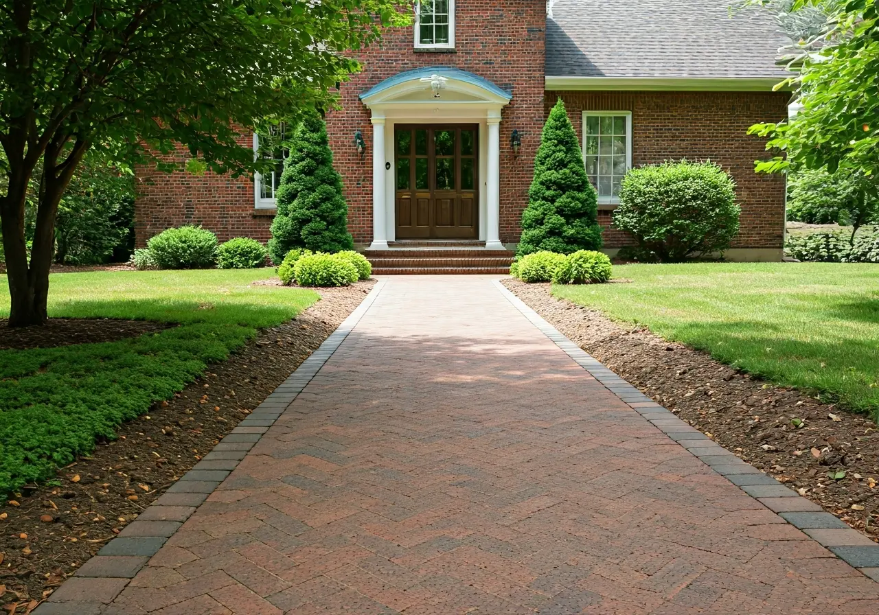 A beautifully crafted brick walkway leading to a charming home. 35mm stock photo