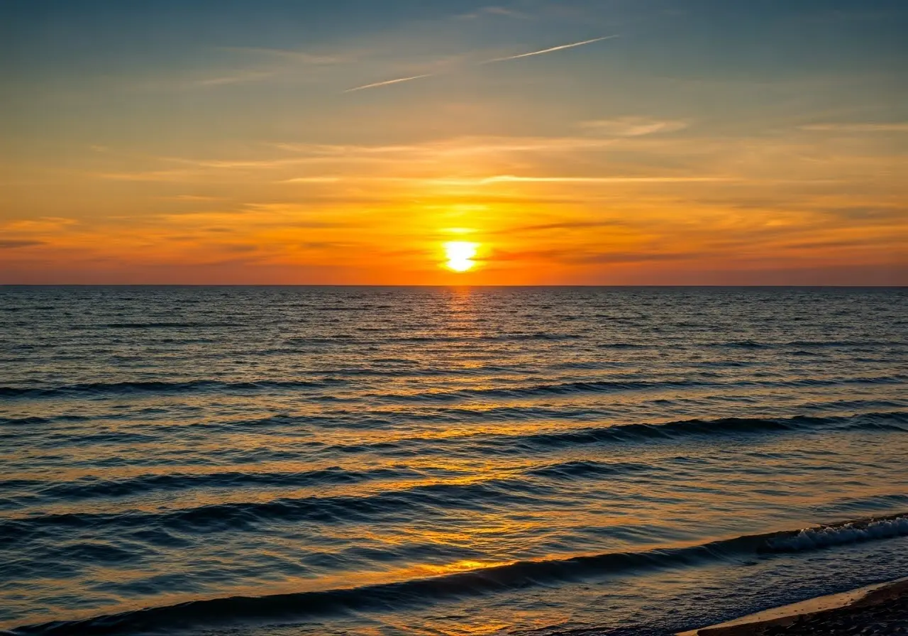A serene sunset over a tranquil sea with gentle waves. 35mm stock photo