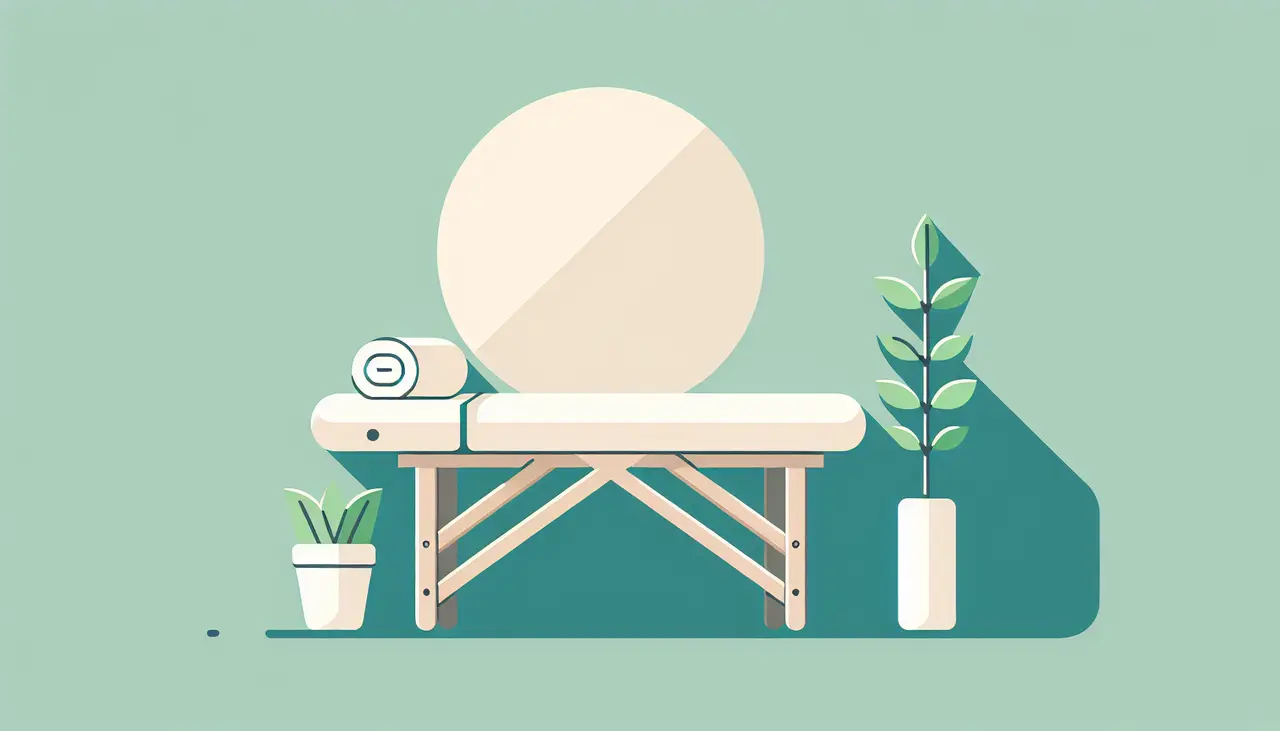 Draw a graphic in flat design style. A minimalist illustration of a relaxing massage table with a rolled towel and a small potted plant nearby.