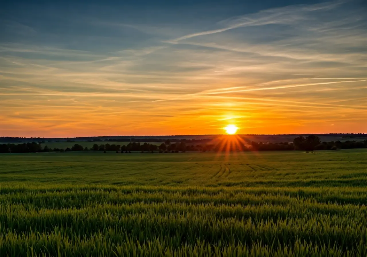 A serene sunset over a peaceful countryside field. 35mm stock photo