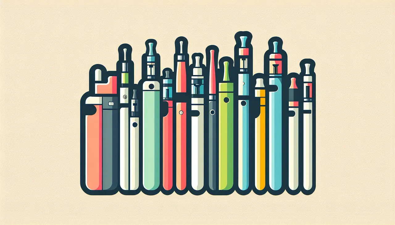 Draw a graphic in flat design style. A sleek, minimalist flat design illustration of colorful disposable vapes arranged in a fan shape, with a focus on variety and simplicity.