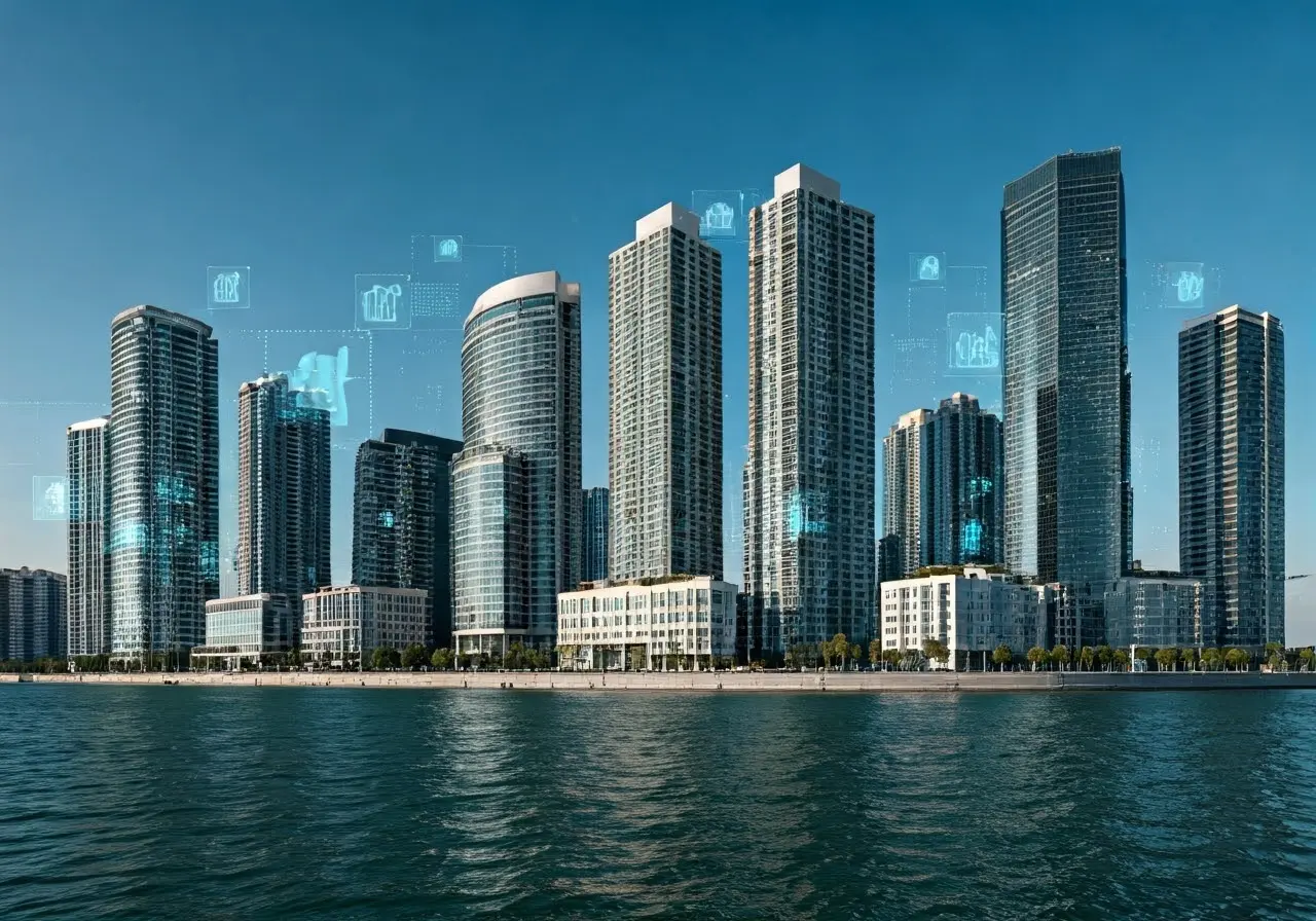 A futuristic city skyline with digital real estate overlays. 35mm stock photo