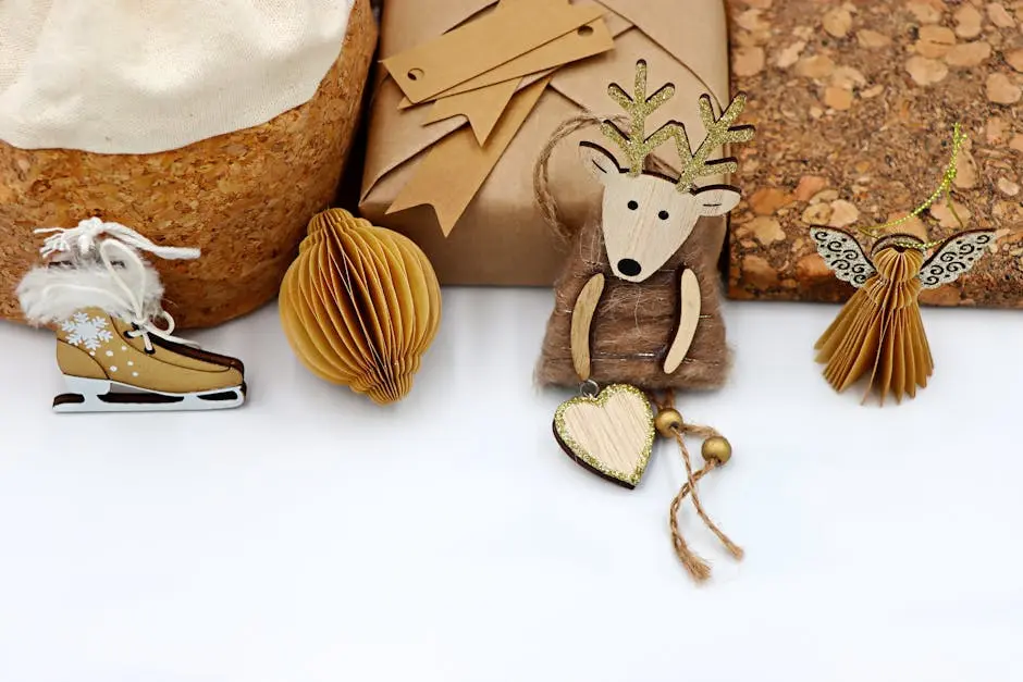 Rustic eco-friendly Christmas decorations and gifts featuring wood and paper elements.