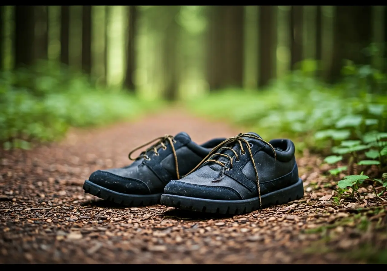 A pair of earthing shoes on a forest trail. 35mm stock photo