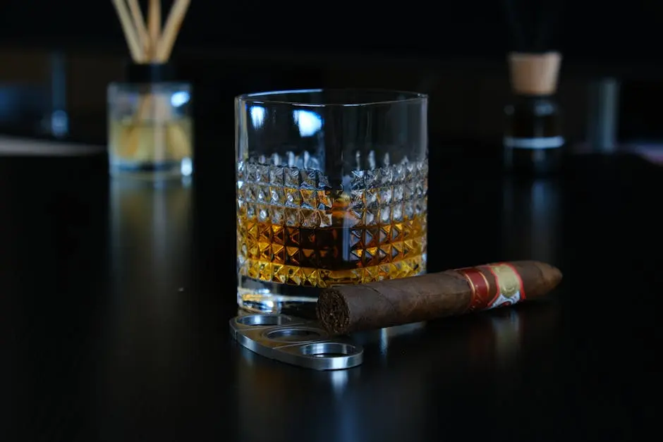 Close-up of a crystal glass with whisky and a cigar on a dark table setting.
