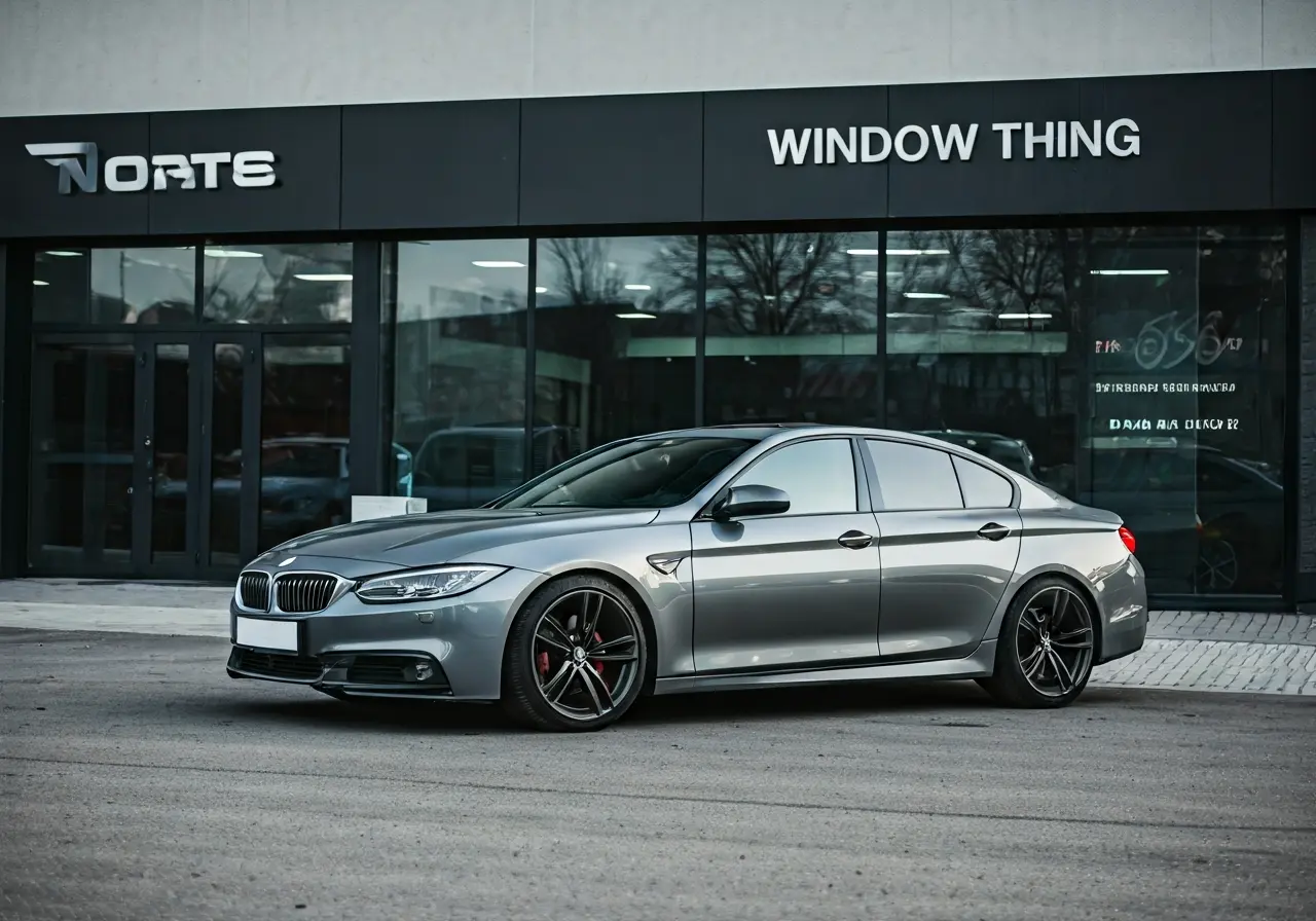 A car parked outside a professional window tinting shop. 35mm stock photo