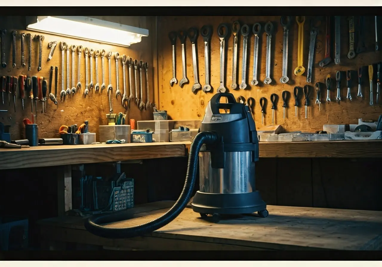 A clean workshop with tools and a HEPA vacuum cleaner. 35mm stock photo