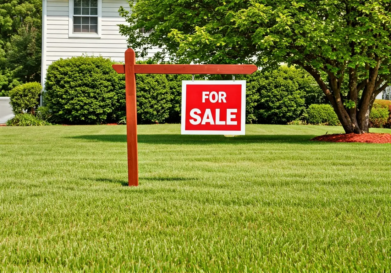 A neatly manicured lawn with a For Sale sign. 35mm stock photo