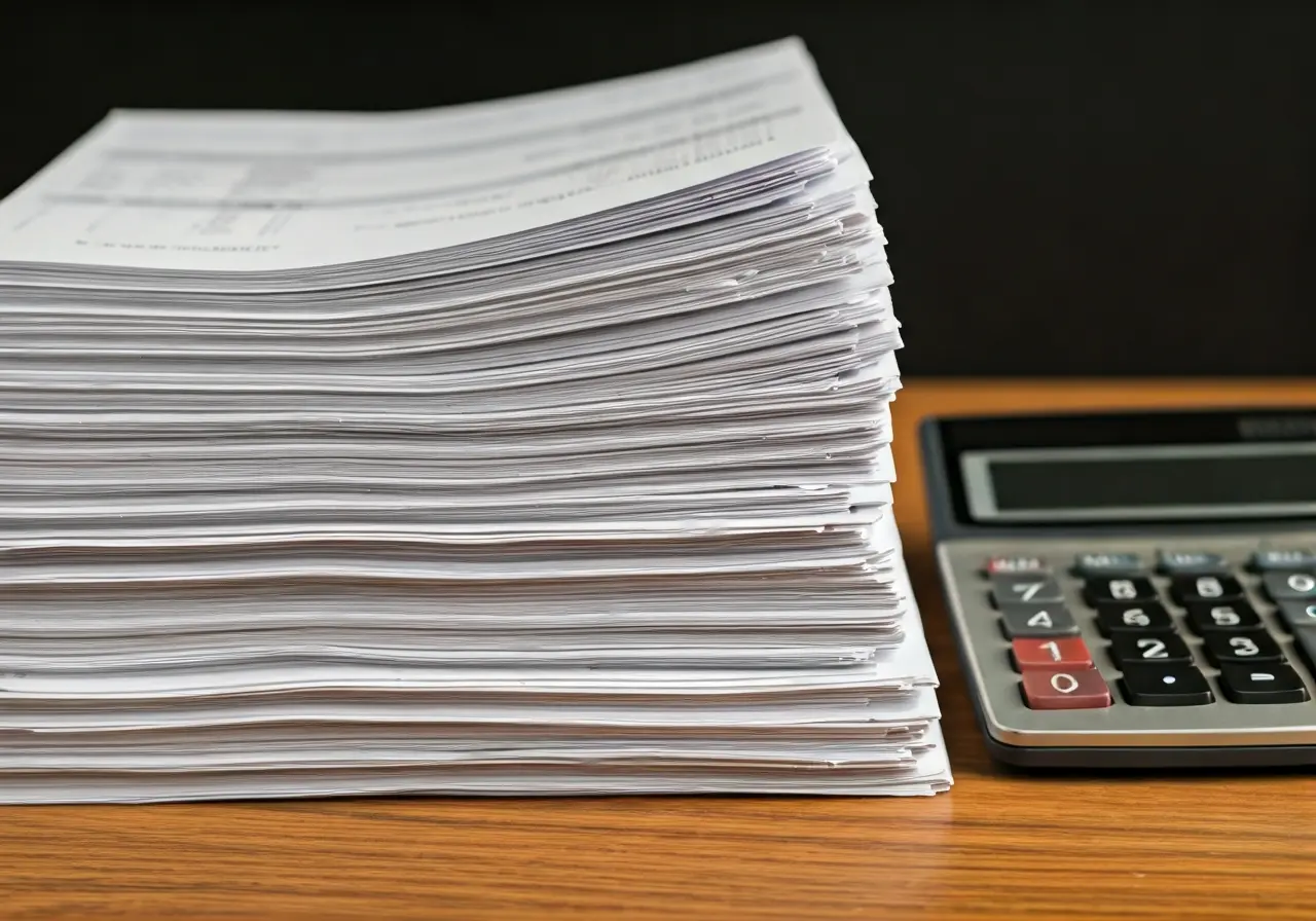 A stack of invoices and a calculator on a desk. 35mm stock photo