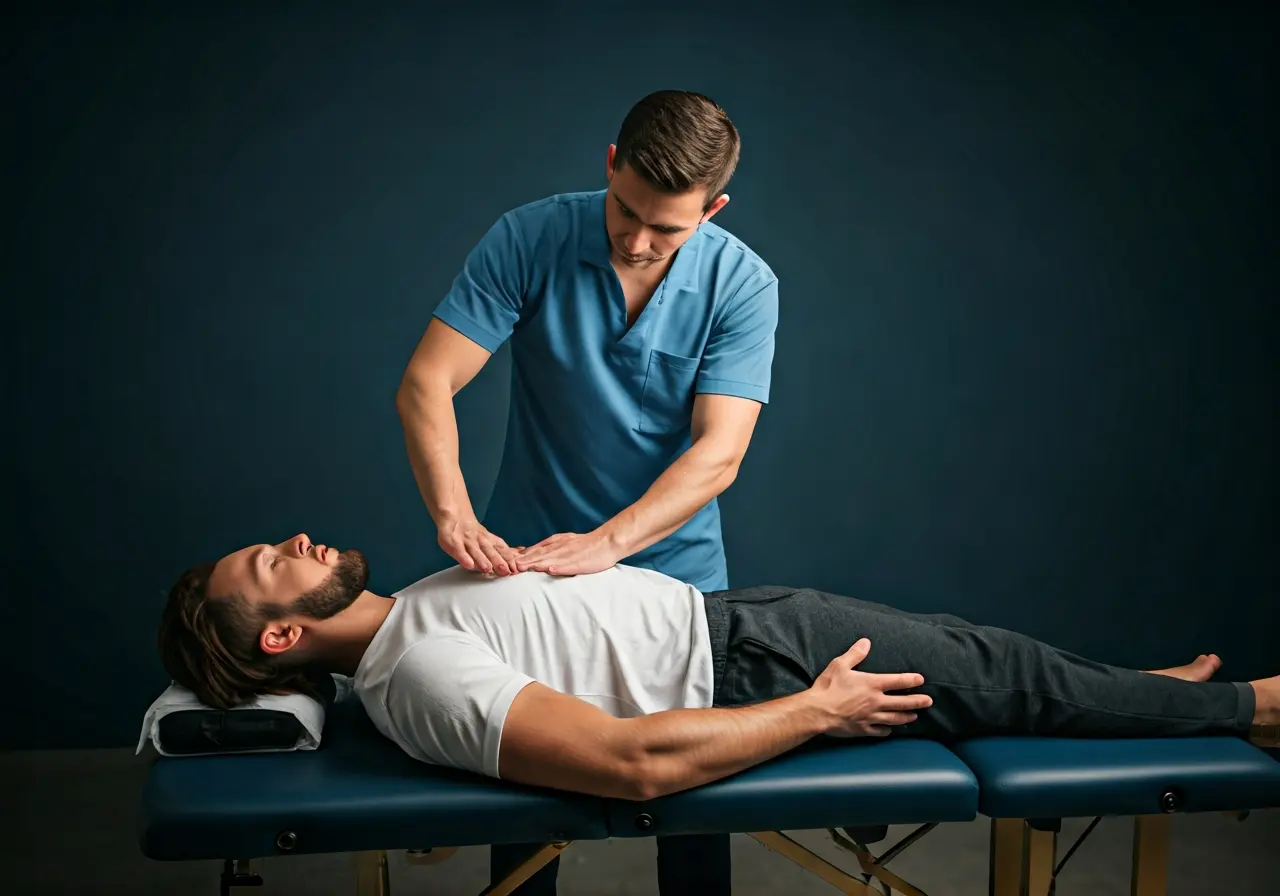 A chiropractor adjusting an athlete’s neck on a therapy table. 35mm stock photo