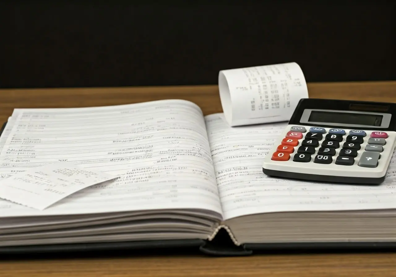 An open ledger with scattered receipts and calculator on desk. 35mm stock photo
