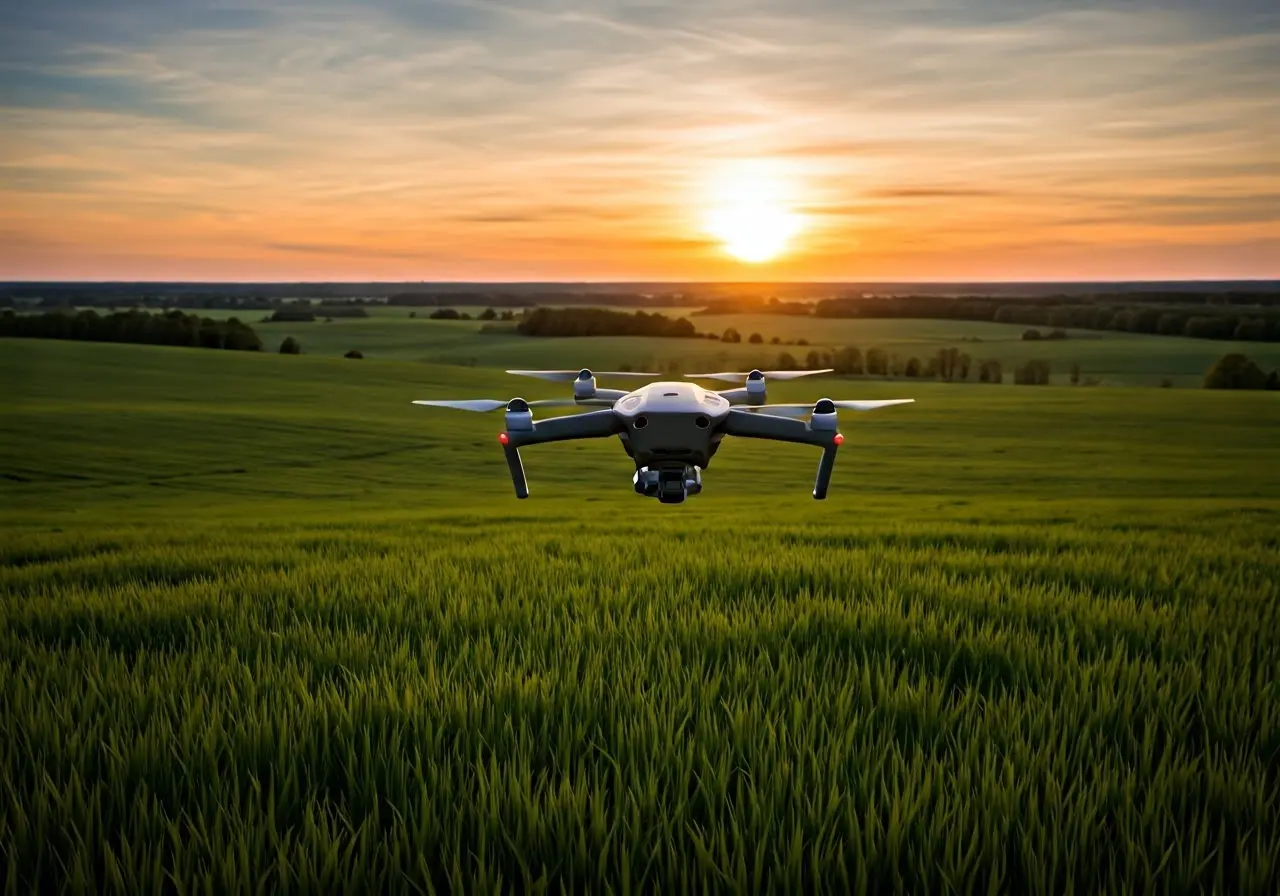 A drone hovering over lush green farmland during sunset. 35mm stock photo