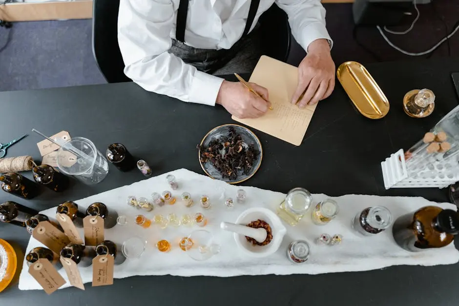 Overhead view of hands writing among aromatherapy ingredients and glass bottles on a table.