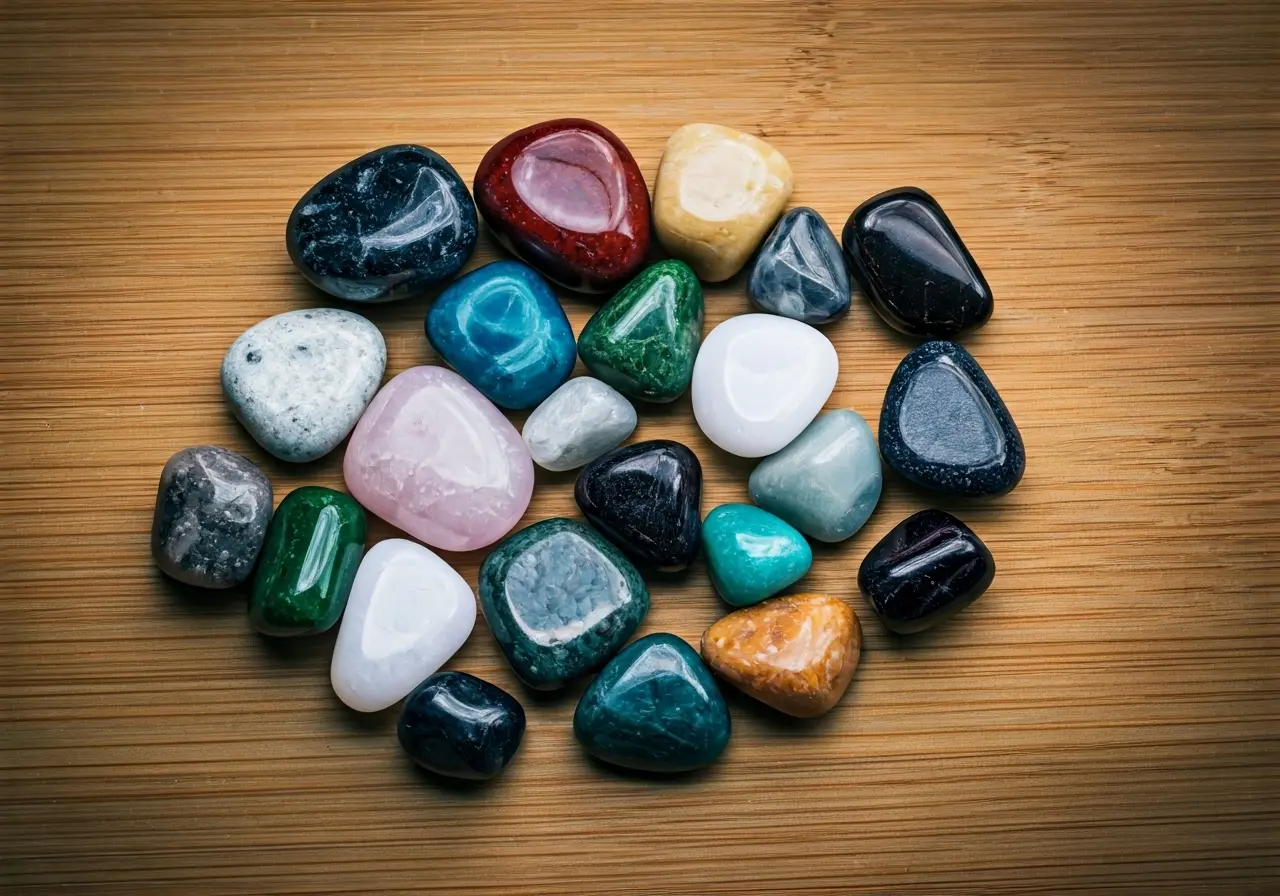 A collection of colorful tumbled crystals on a wooden table. 35mm stock photo