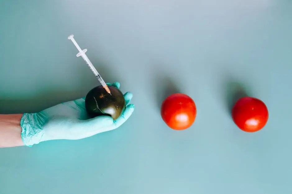 Gloved hand injecting a tomato on a teal background, innovation in agriculture.