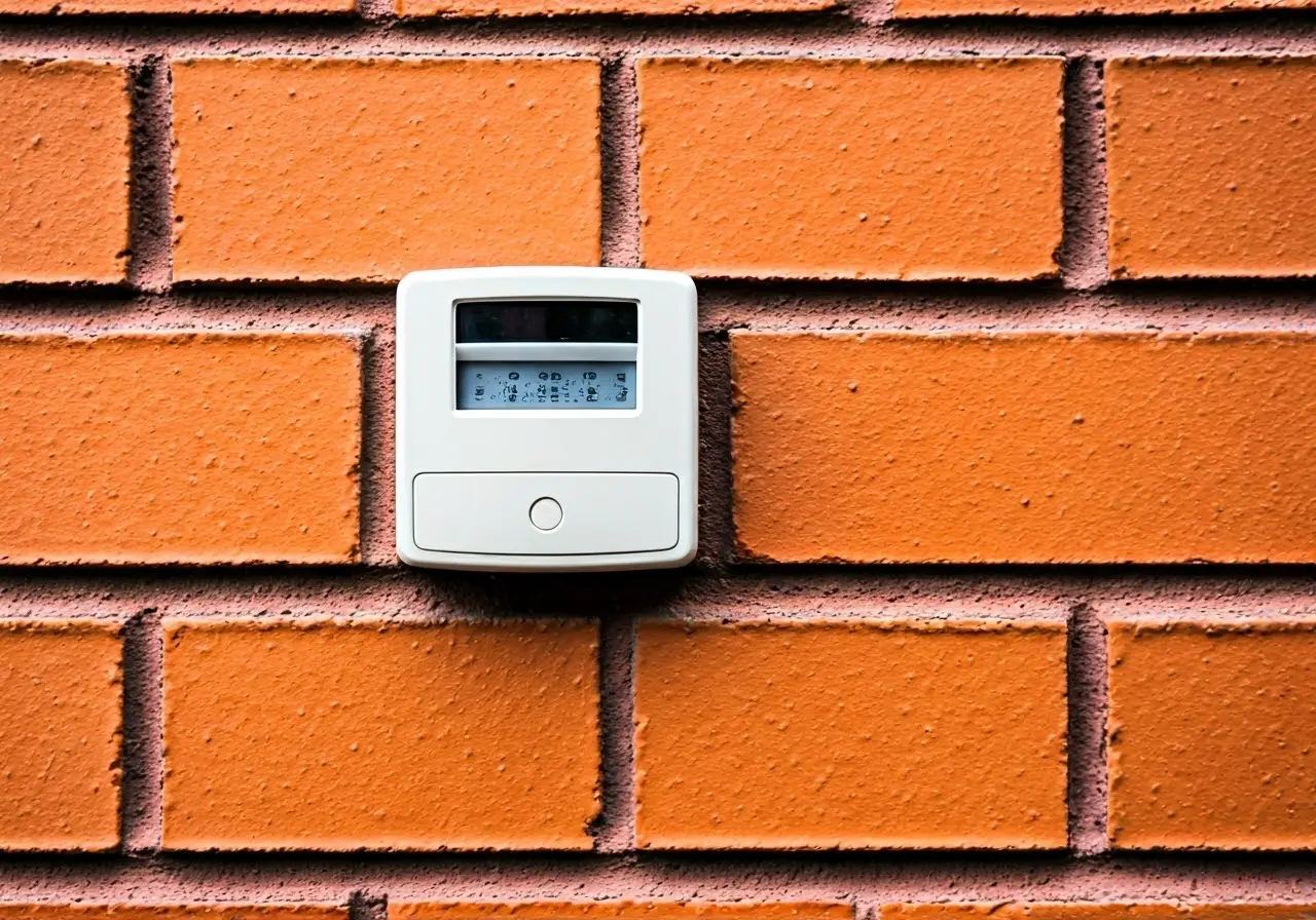 A modern burglar alarm on a brick wall in Pendleton. 35mm stock photo