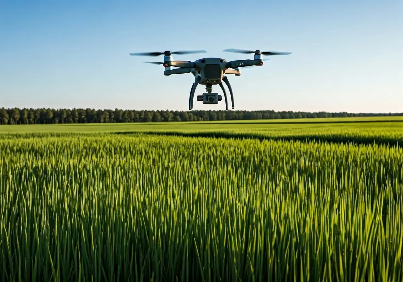 A drone flying over a lush, vibrant agricultural field. 35mm stock photo