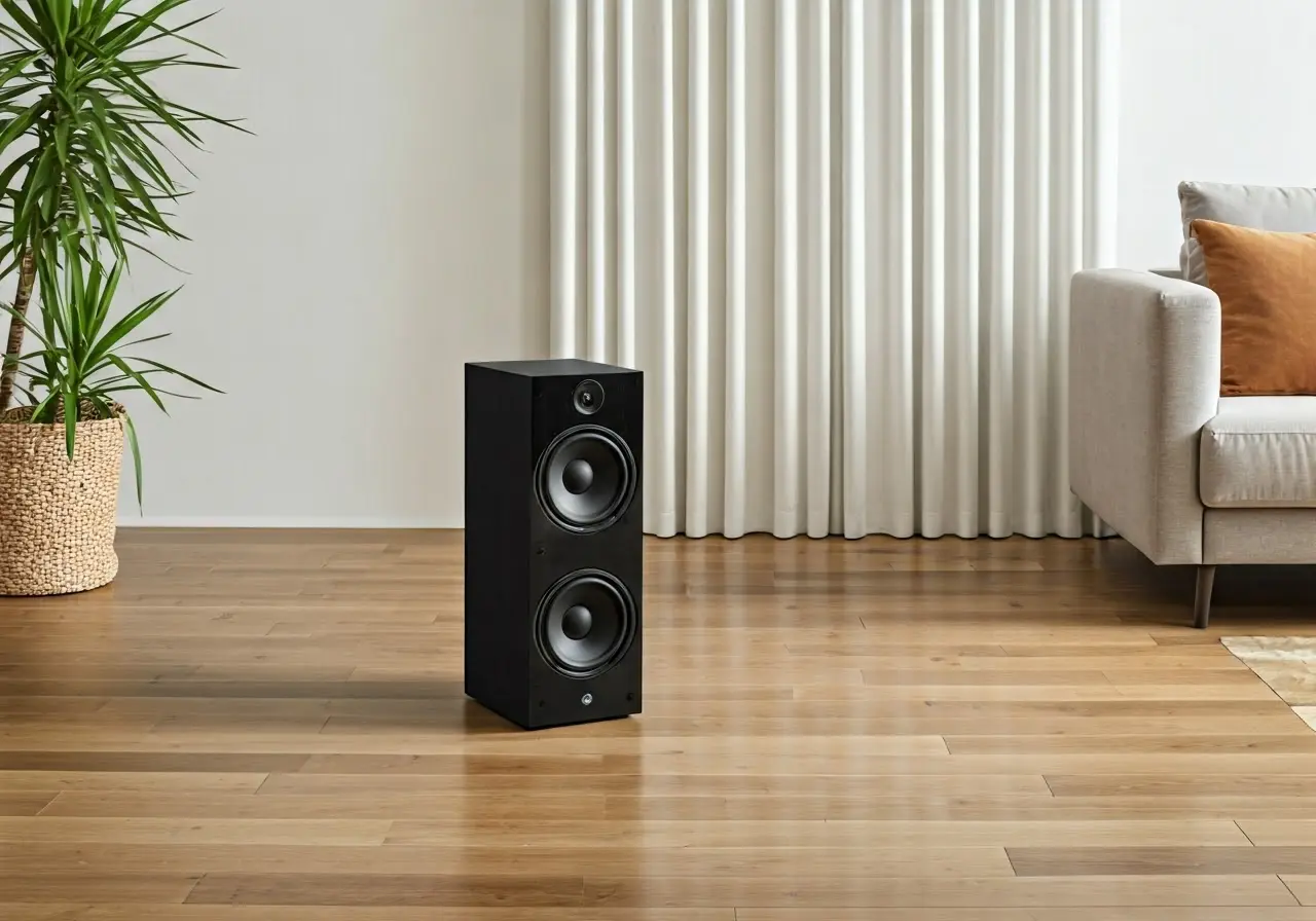 A modern living room with a sleek wireless sound system. 35mm stock photo