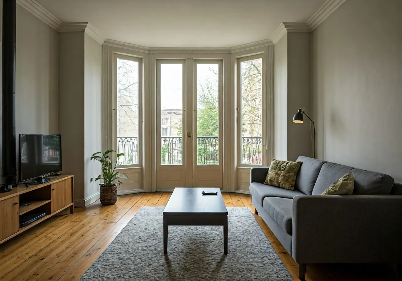 A cozy, well-decorated Airbnb living room with natural lighting. 35mm stock photo